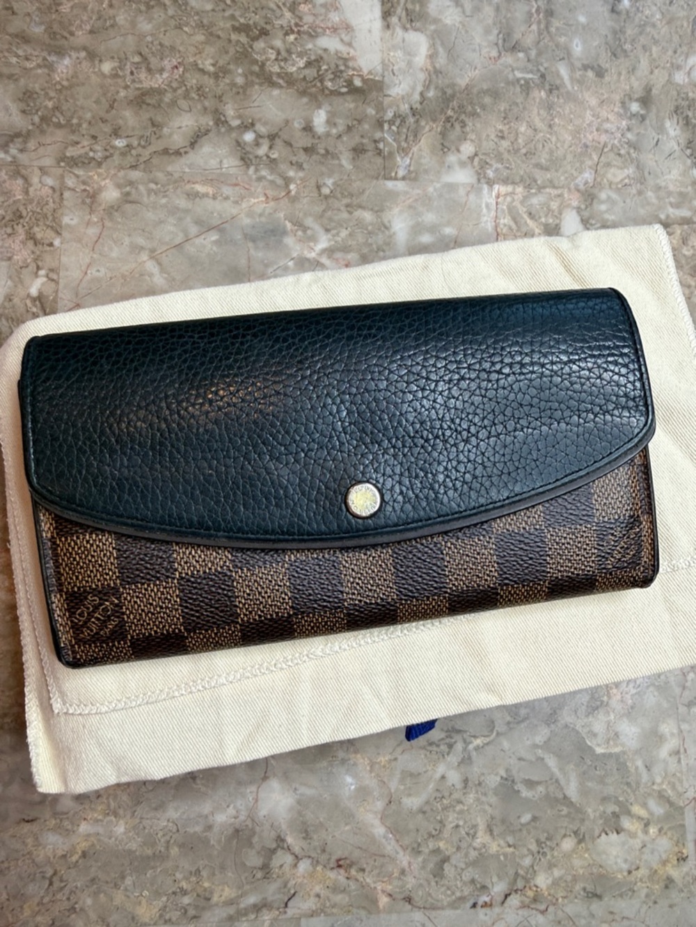 Louis Vuitton Brown Damier Ebene Canvas with Black Leather Flap Wallet